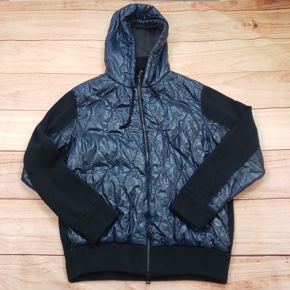 DKNY Jeans Jacket Mens Large Blue Black Puffer Hooded Knit Sleeves Zip Adult - Picture 1 of 9
